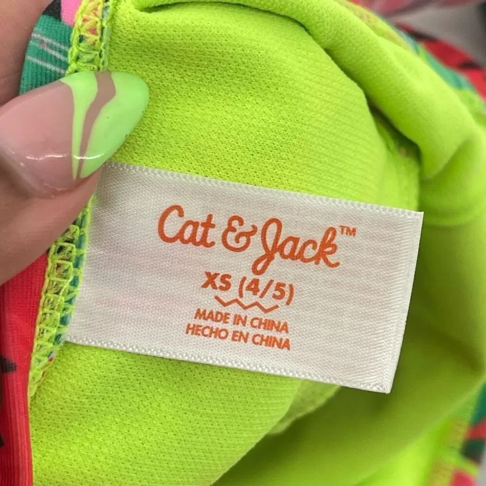 Cat & Jack Girls Pink Sweet Strawberry Print Ruffle Strap Cutout Swimsuit XS 4/5